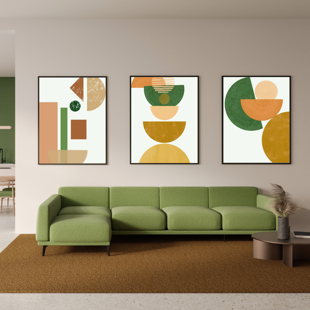 Abstract geometric designs in shades of green, orange, and beige Digital Wall Art Print 3-4 ratio By Harmony Home Lab