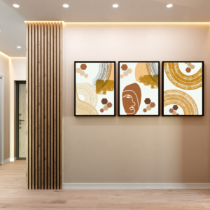 Abstract designs with shapes like hexagons, curves, and a face Wall Art Digital Print By Harmony Home Lab