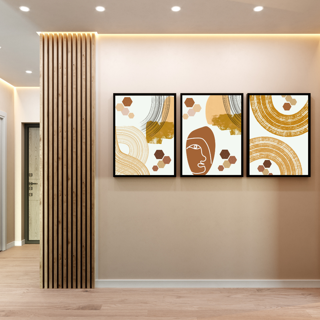 Abstract designs with shapes like hexagons, curves, and a face Wall Art Digital Print By Harmony Home Lab